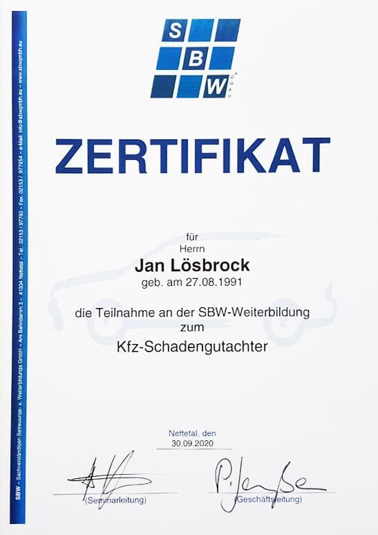SBW Schadengutachter Zertifikat