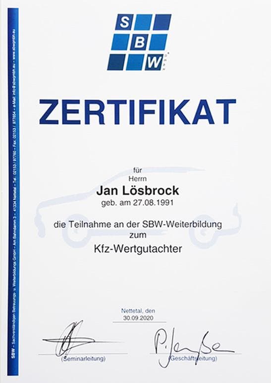 SBW Wertgutachter Zertifikat