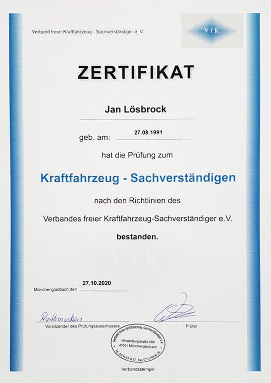 VfK Sachverständiger Zertifikat